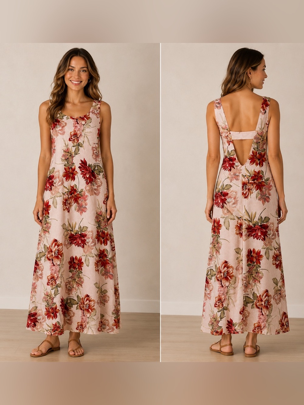 Paper Heart Blush Pink Floral Midi Dress Size M Open Back Linen Blend